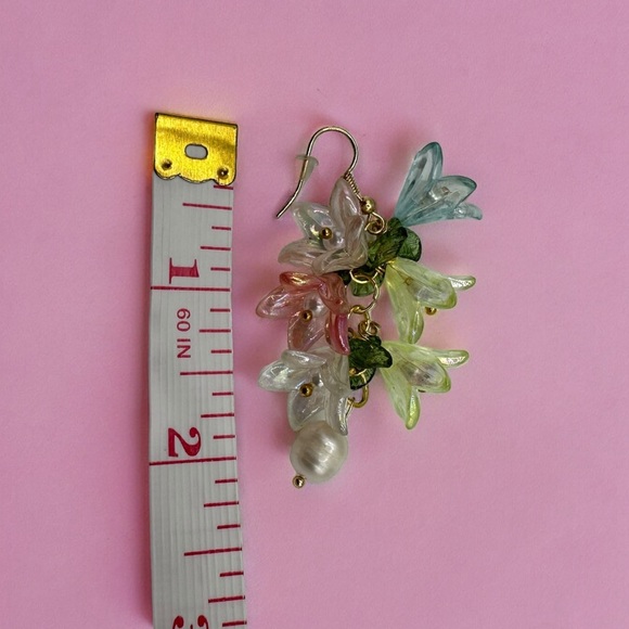 Lily of The Valley Translucent Acrylic Flower Baroque Pearl Drop Dangle Earrings - Picture 5 of 5